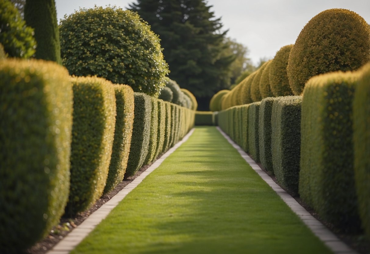 A neatly trimmed hedge divides the garden into two perfectly symmetrical halves, each side mirroring the other with matching flower beds and meticulously arranged pathways