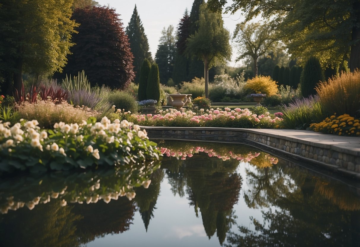 A garden with symmetrical flower beds reflected in a calm pond