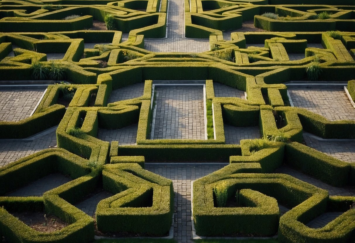 A garden with symmetrical geometric grass patterns, creating a visually striking and organized landscape