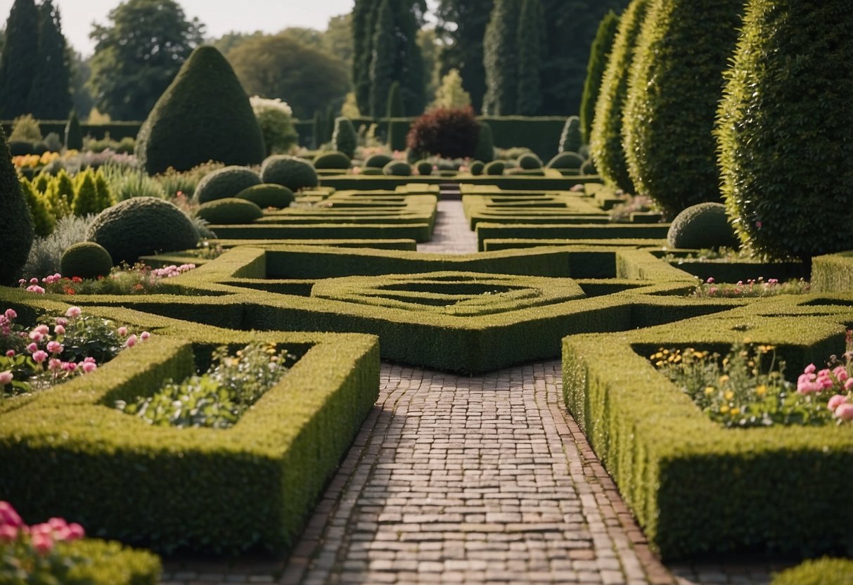 A garden with perfectly aligned pathways leading to symmetrical flower beds and hedges, creating a sense of balance and harmony