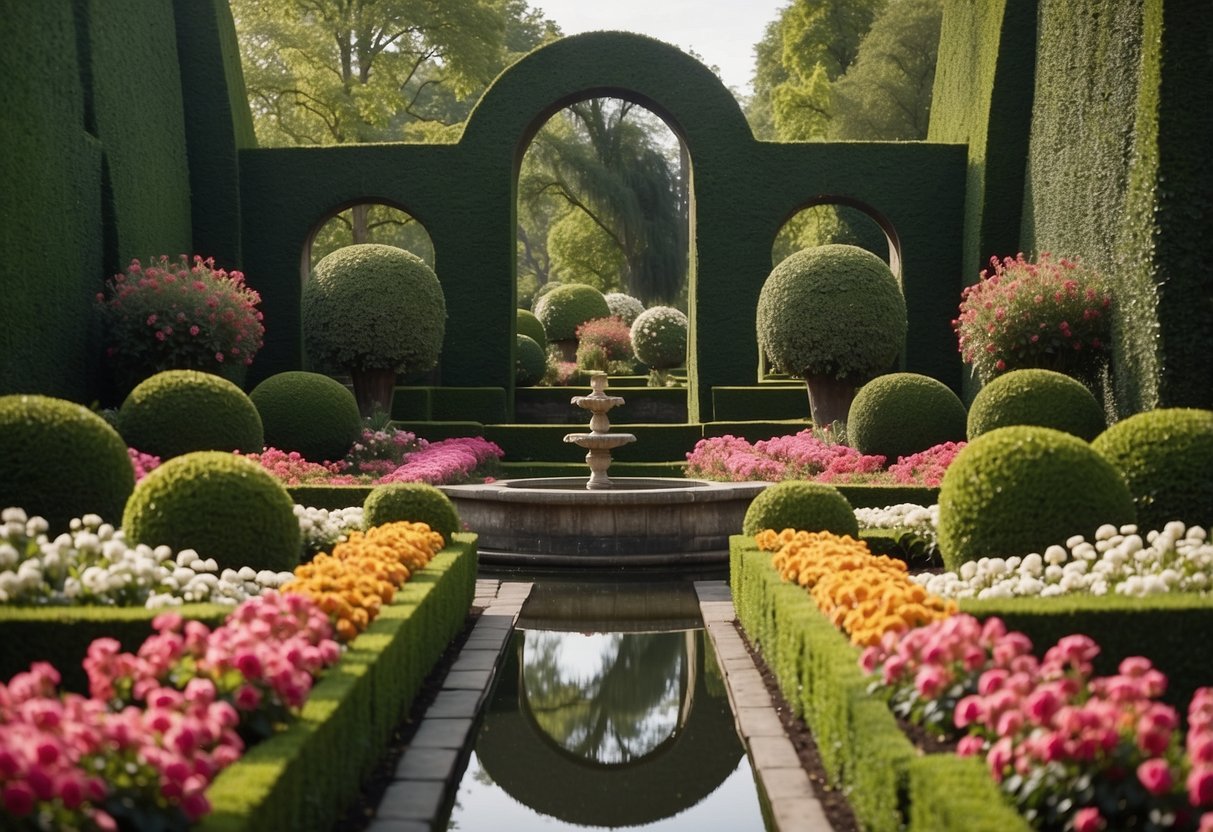 A garden with perfectly symmetrical planted borders, featuring neatly trimmed hedges and colorful flowers arranged in mirror-image patterns