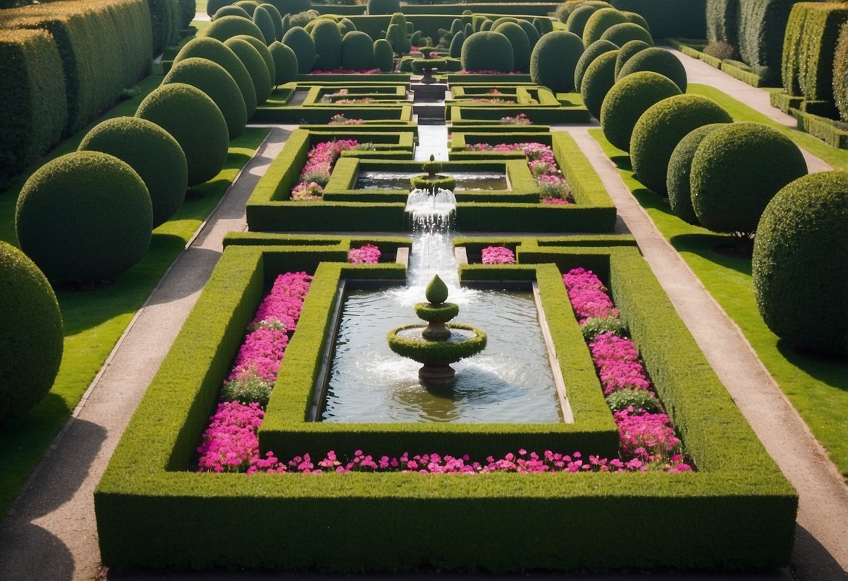 A central fountain surrounded by perfectly aligned rows of topiaries and flower beds, flanked by matching pathways and hedges