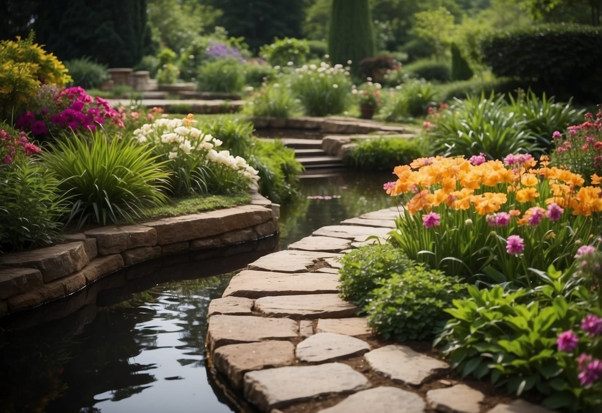 A winding stone pathway leads to a tranquil garden pond, surrounded by lush greenery and colorful flowers