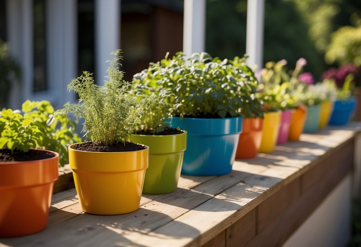 Colorful planters made from recycled containers line a sunny kitchen garden, filled with herbs and vegetables