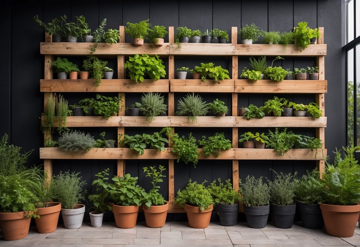 A vertical wall of wooden pallets transformed into a kitchen garden with various herbs and plants growing in small planter boxes