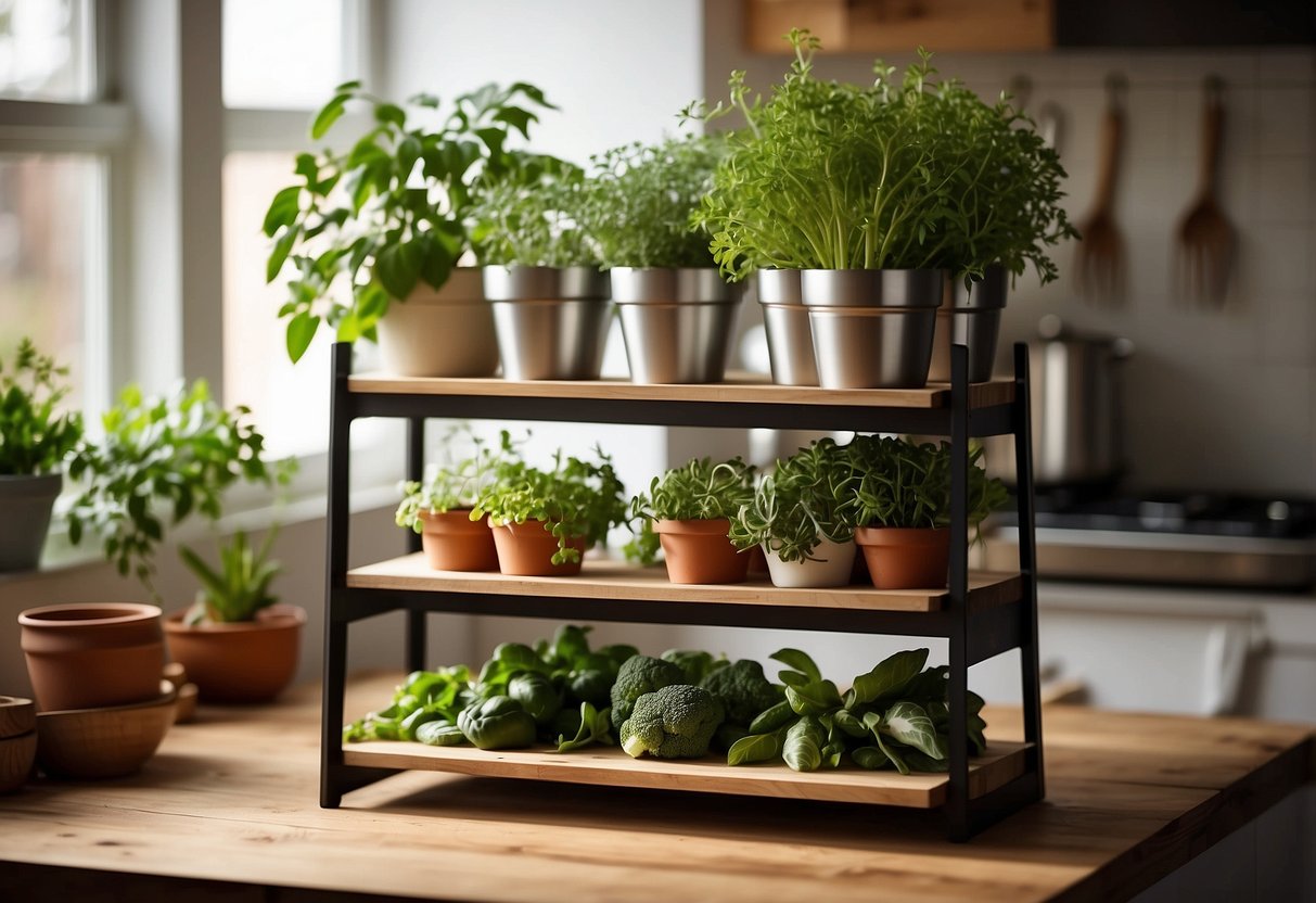 A tiered plant stand sits in a sunlit kitchen, filled with vibrant herbs and small vegetables. The stand is made of wood and metal, adding a rustic touch to the modern space