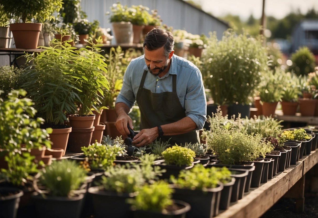 A person choosing various potted plants and herbs from a nursery, with a basket and gardening tools nearby. The sun is shining, and there are rows of different plant varieties to choose from