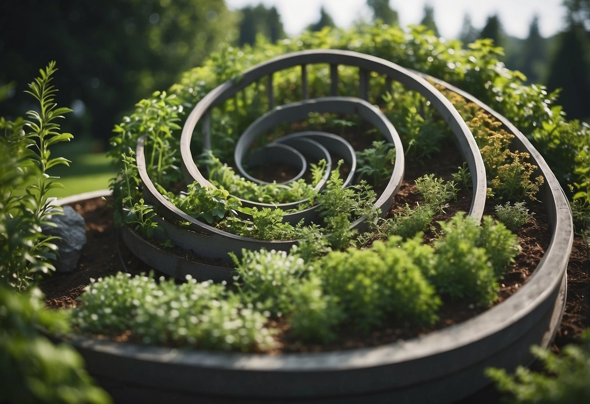 An herb spiral garden with lush evergreen plants spiraling upwards in a compact, tiered design