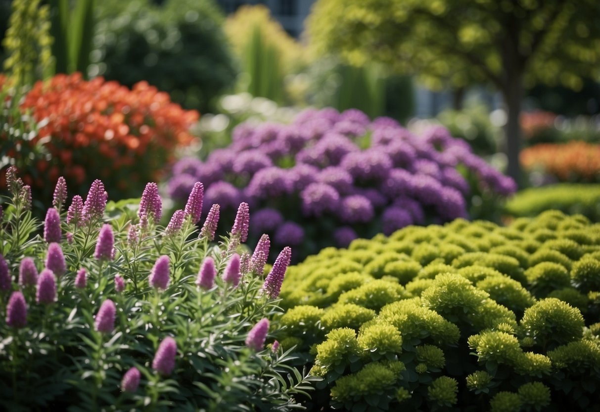 Lush perennial flowers bloom in neatly arranged beds, surrounded by evergreen shrubs. The garden is meticulously maintained, with a variety of colors and textures creating a visually stunning display