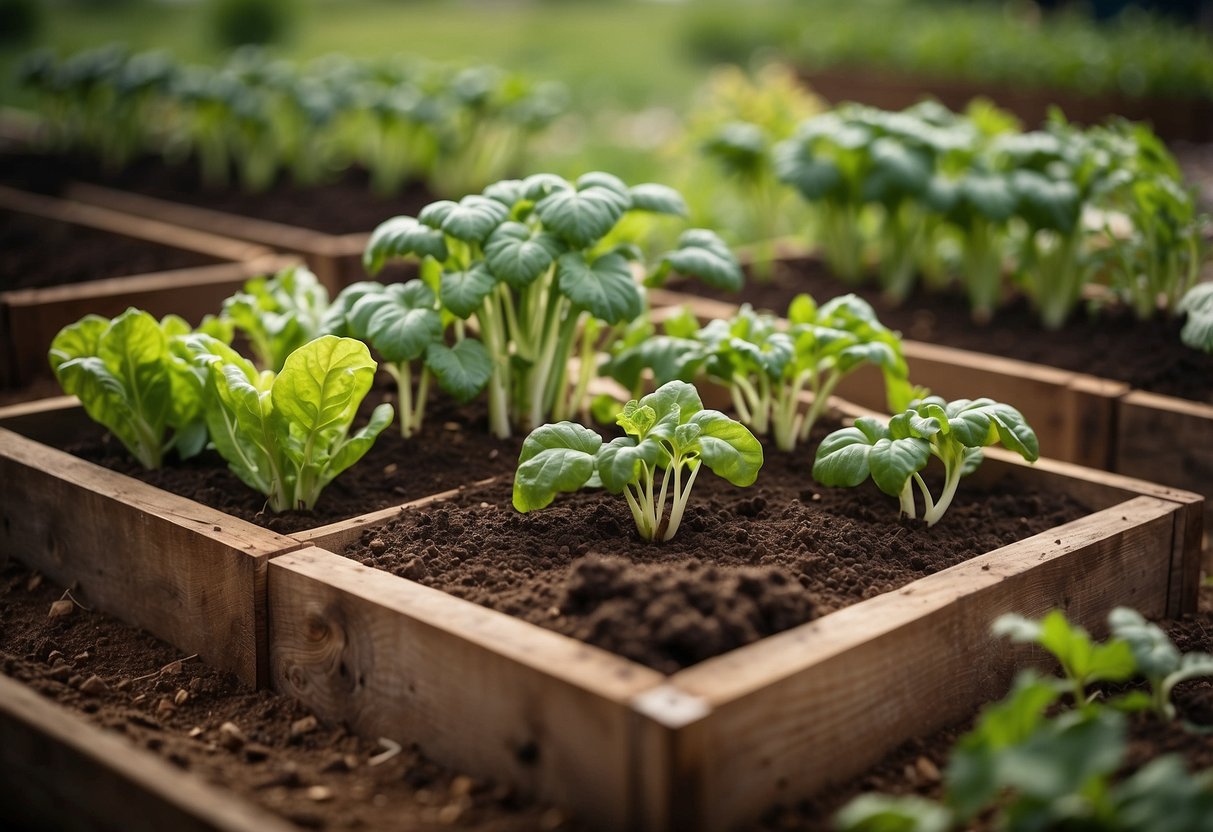 Four raised vegetable beds arranged in a square, each filled with rich soil and various types of vegetables growing at different stages