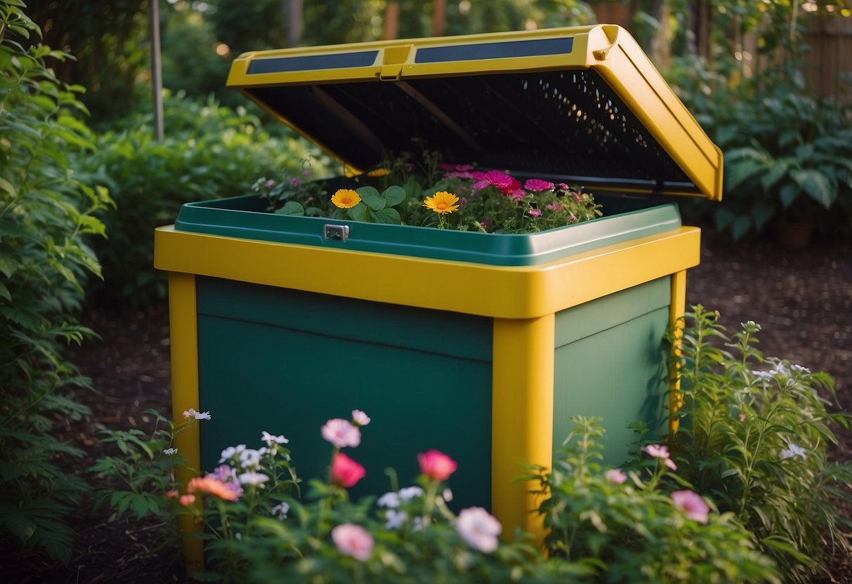 A compost bin nestled among lush greenery, with colorful flowers and thriving plants surrounding it. The bin is open, with organic waste being added to it, while insects and worms are visible inside