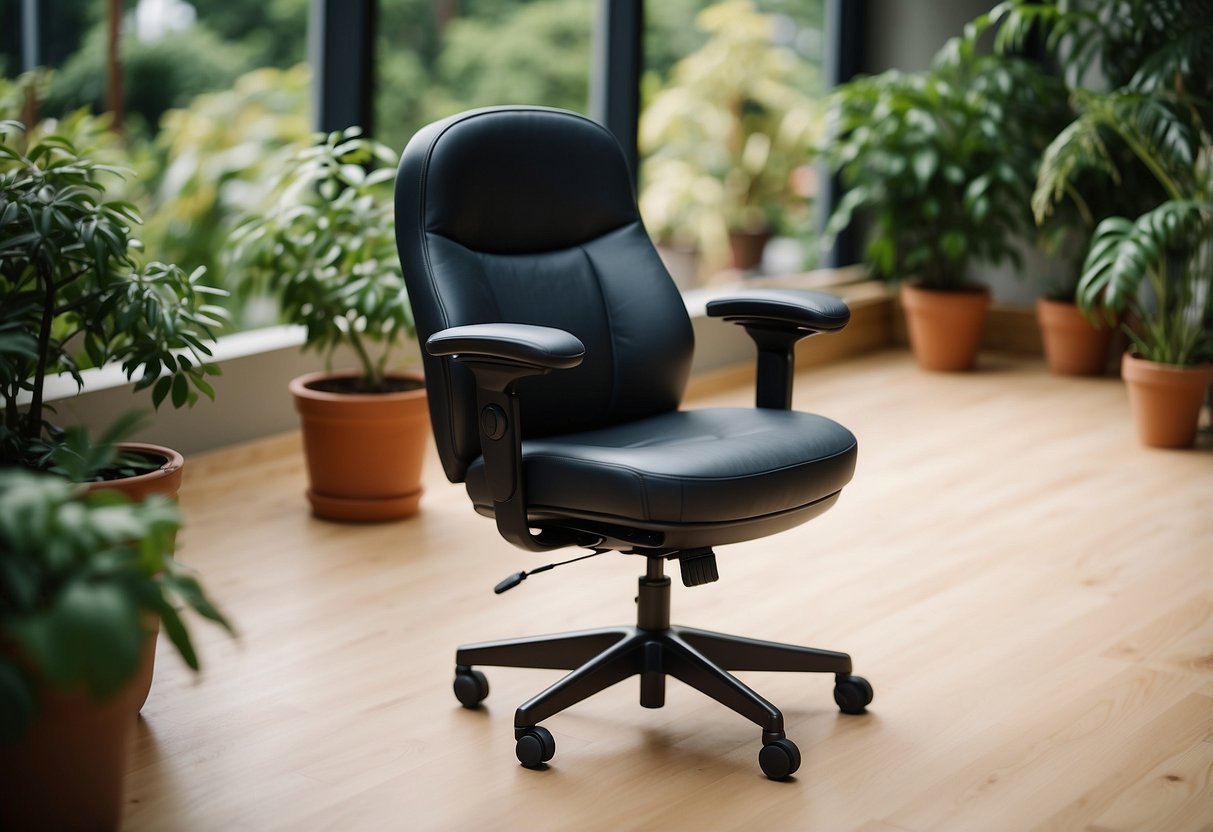 An ergonomic desk chair sits in a lush garden office, surrounded by greenery and natural light