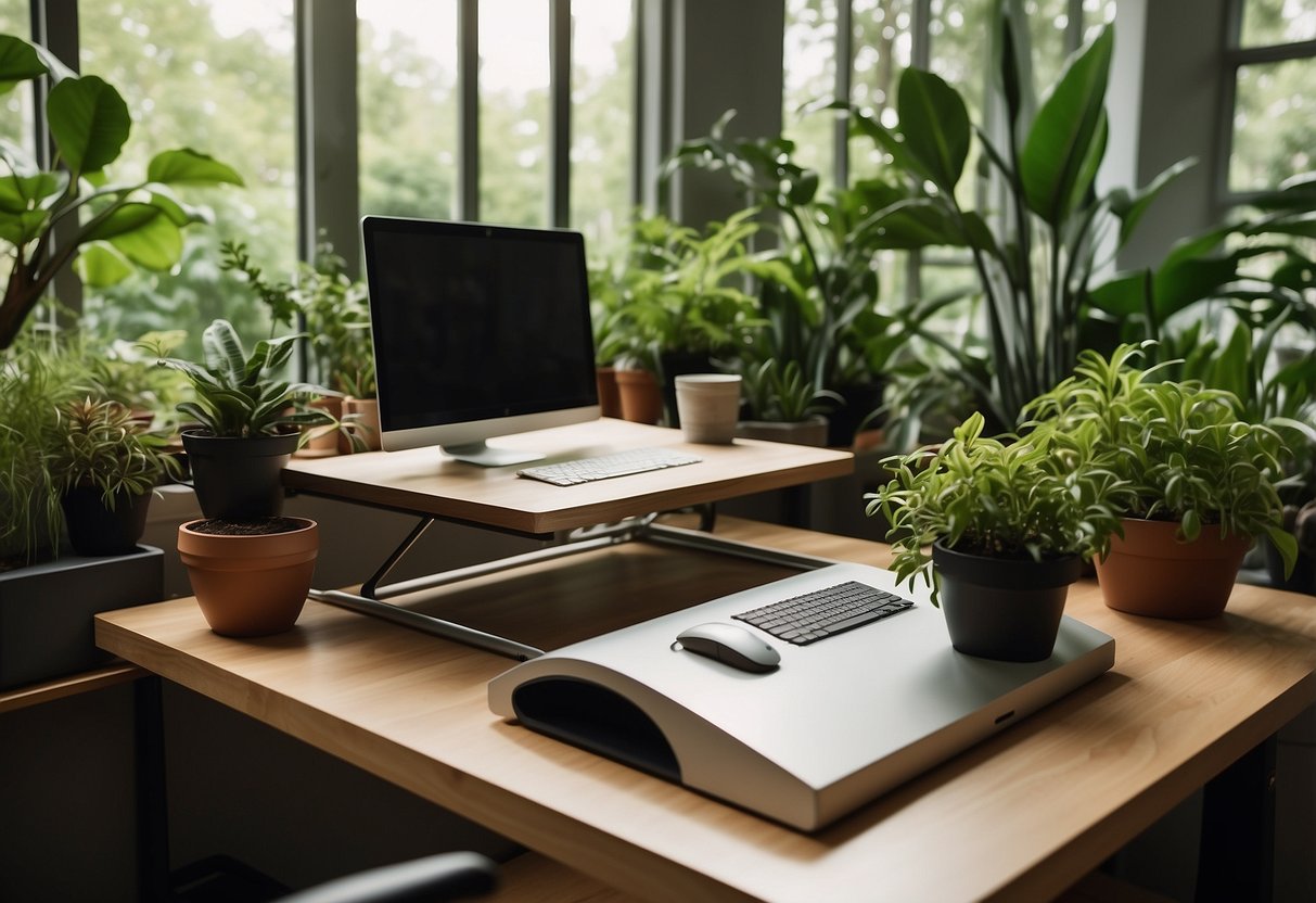 A convertible standing desk in a lush garden office setting, surrounded by potted plants and natural light