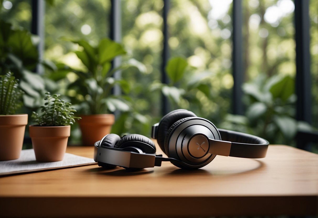 A peaceful garden office with noise-canceling headphones on a wooden desk, surrounded by lush greenery and natural light