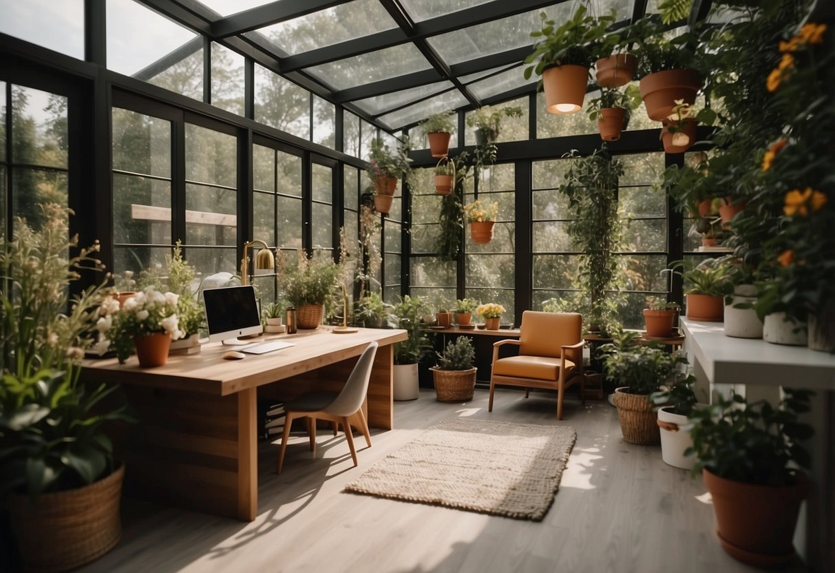 A cozy garden office with natural light lamps, surrounded by lush greenery and blooming flowers