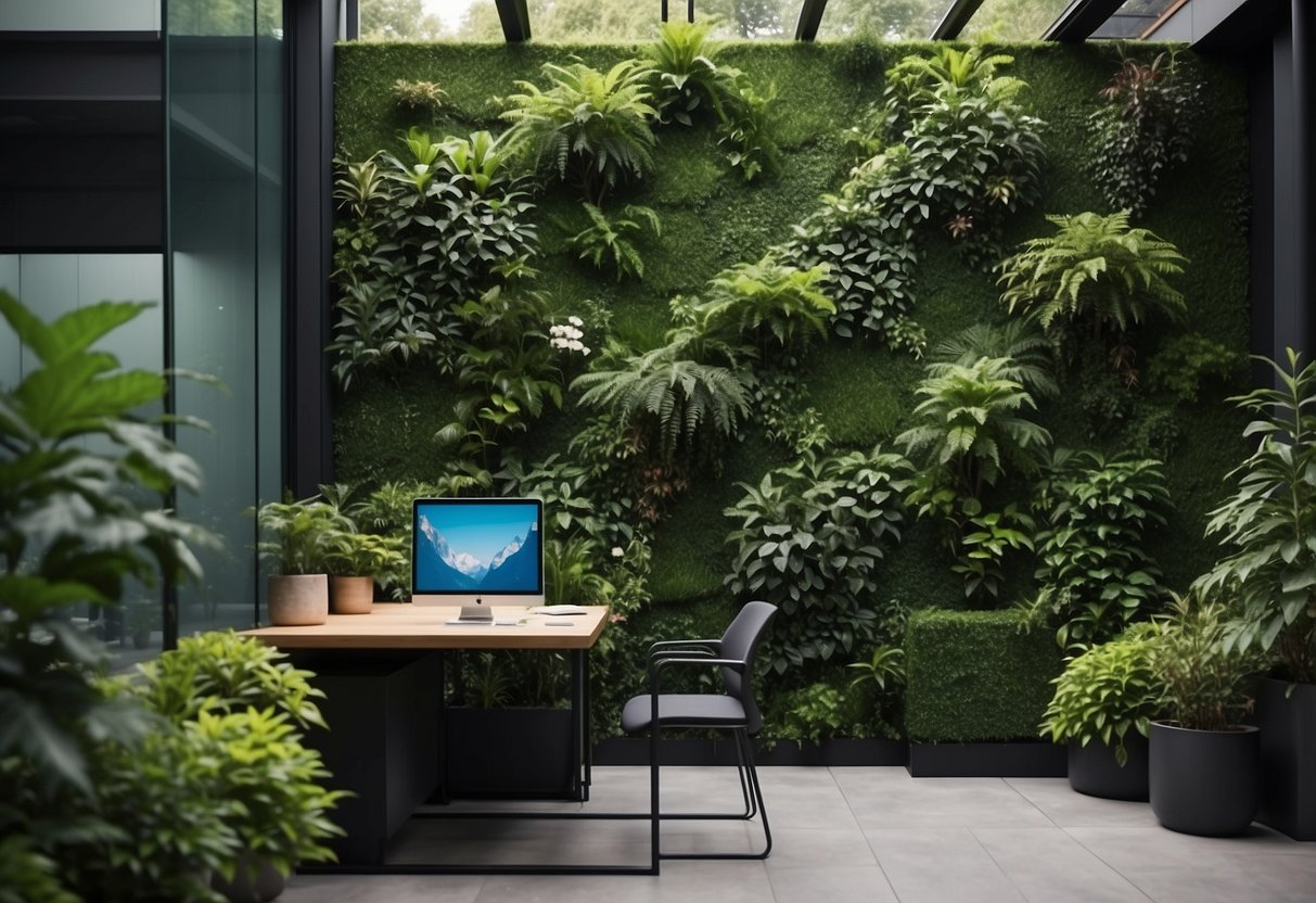 A lush green wall covers the exterior of a modern garden office, blending seamlessly with the surrounding foliage. The design exudes tranquility and natural beauty