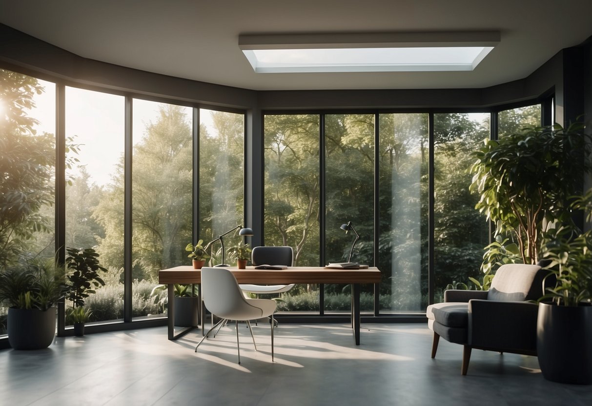 A modern garden office with a smart thermostat, surrounded by lush greenery and natural light streaming in through large windows