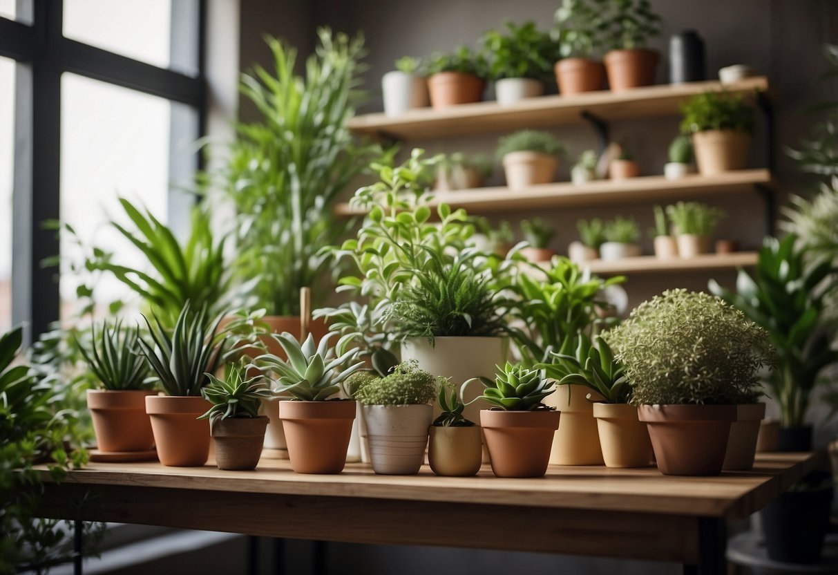 A variety of indoor plants arranged on shelves and tables in a well-lit garden office, creating a peaceful and natural atmosphere