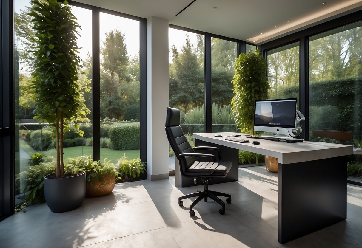 A modern garden office with sleek technology, including a computer, printer, and smart lighting. Outdoor greenery surrounds the office, with a well-kept garden and a comfortable seating area