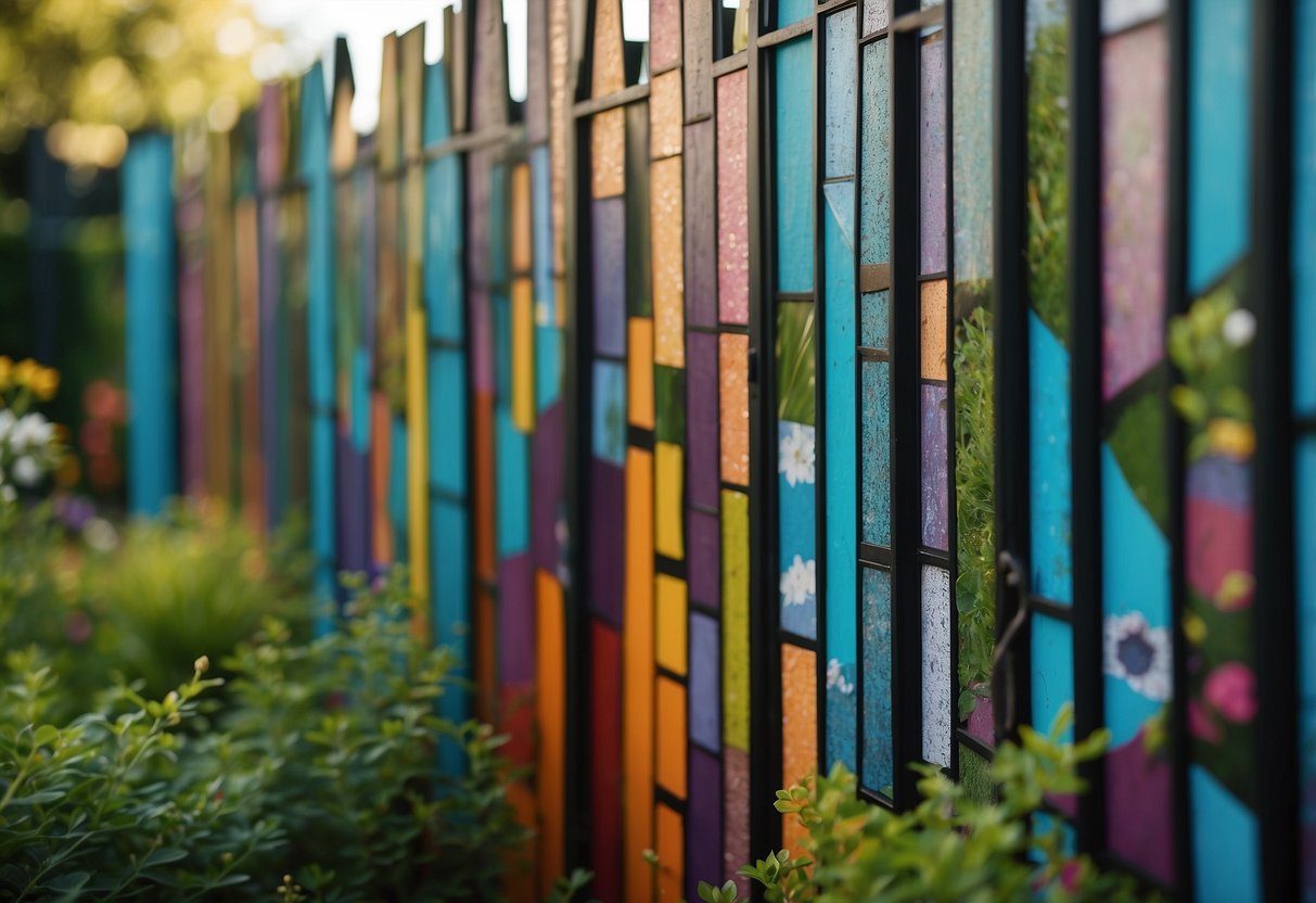 Vibrant outdoor art panels adorn a garden fence, adding color and creativity to the space