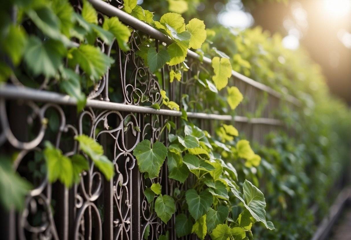 A metal trellis stands tall, adorned with lush vines weaving through its intricate design, creating a natural and beautiful garden fence cover up