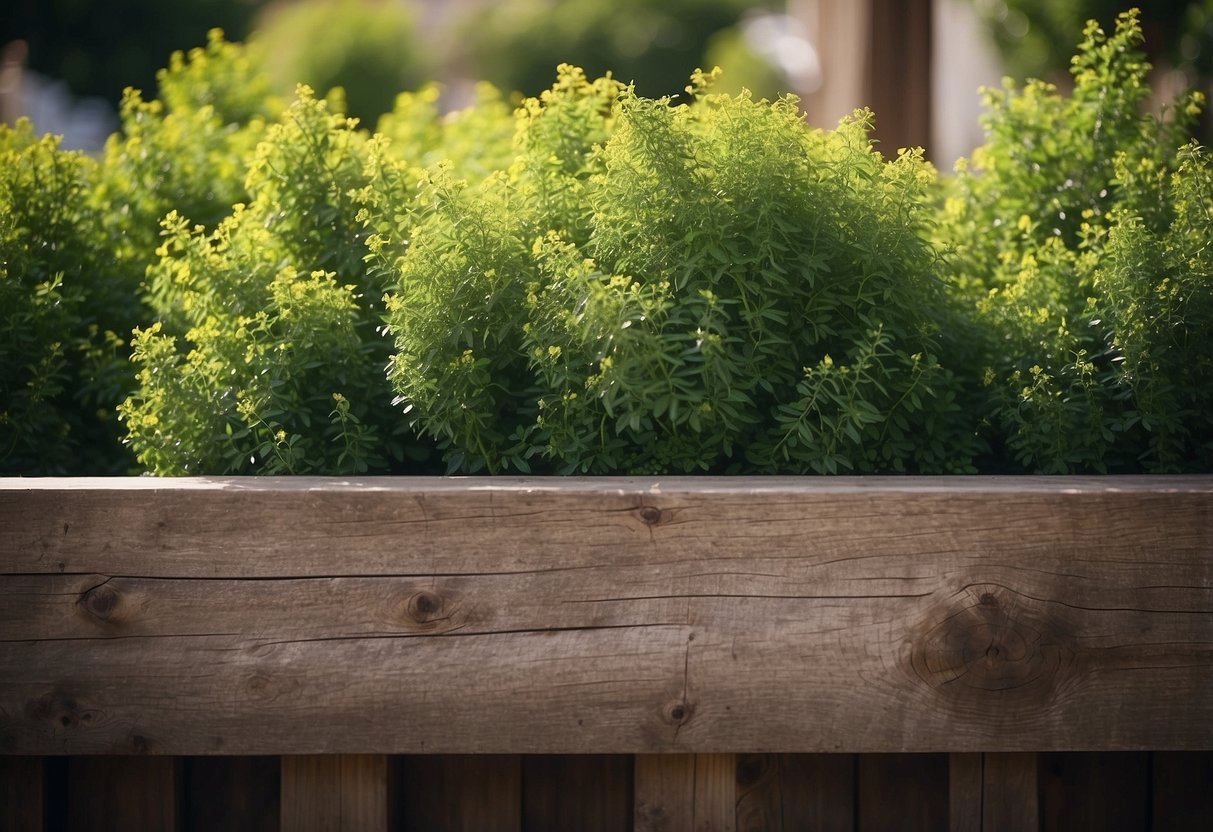 Lush green shrubs bloom around a wooden fence, creating a vibrant and natural cover-up