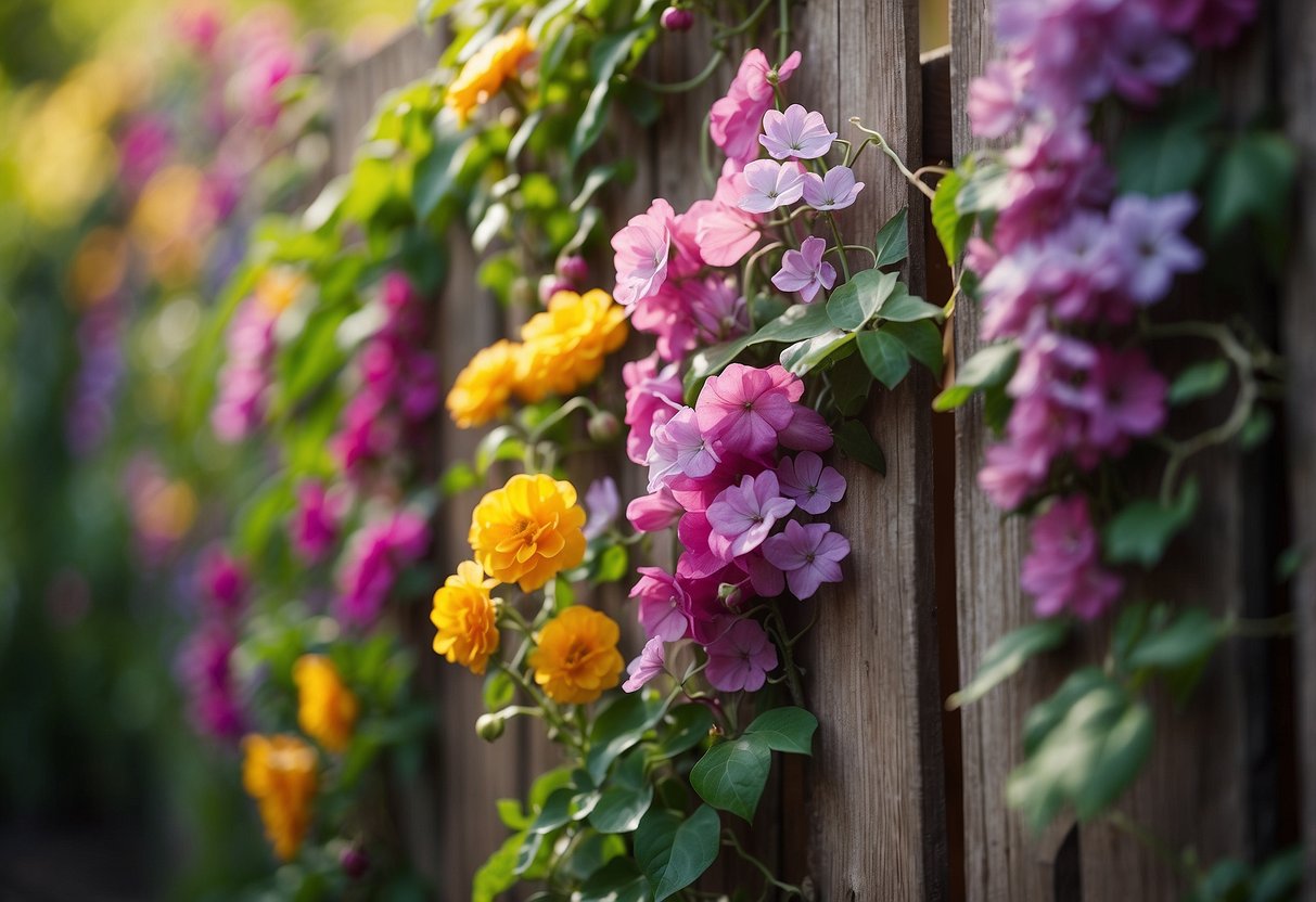 Vibrant flowers and climbing vines cover a wooden garden fence, creating a colorful and natural cover up