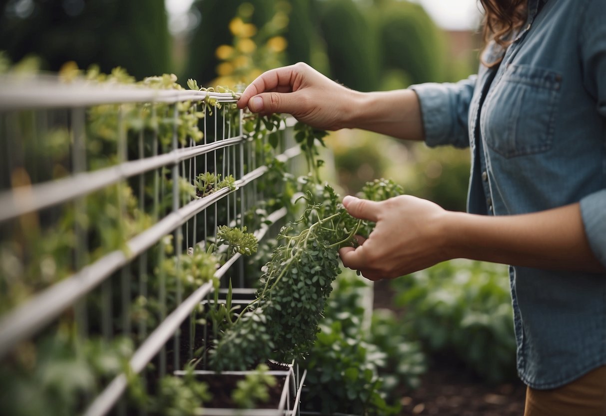 A person selecting plants and fabric to cover a garden fence