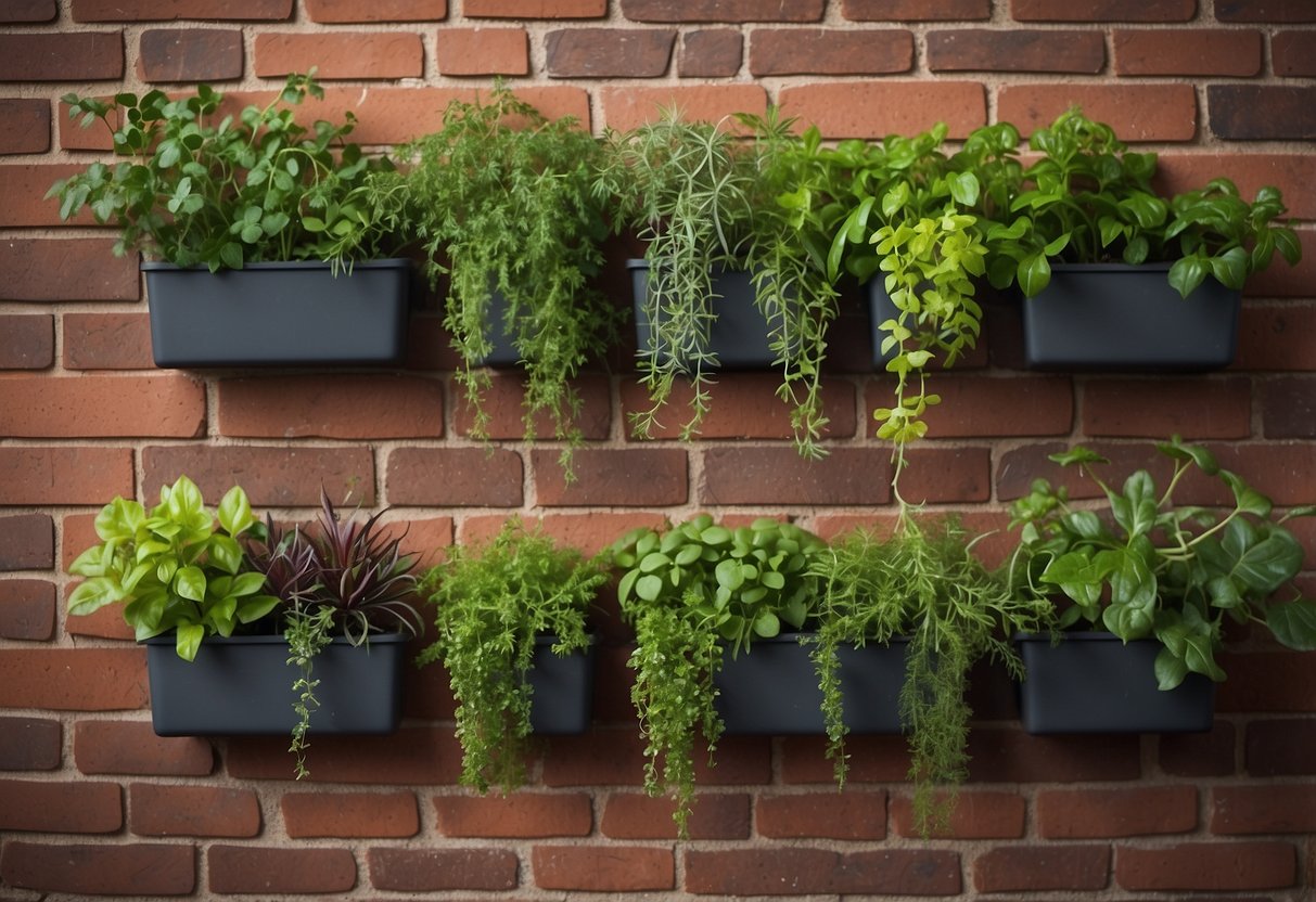 A brick wall adorned with a vertical herb garden, with various herbs and plants growing in pockets and cascading down the wall