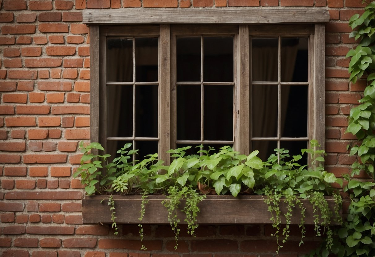 A vintage window frame hangs on a weathered brick wall, adorned with potted plants and trailing vines. A rustic garden scene unfolds below