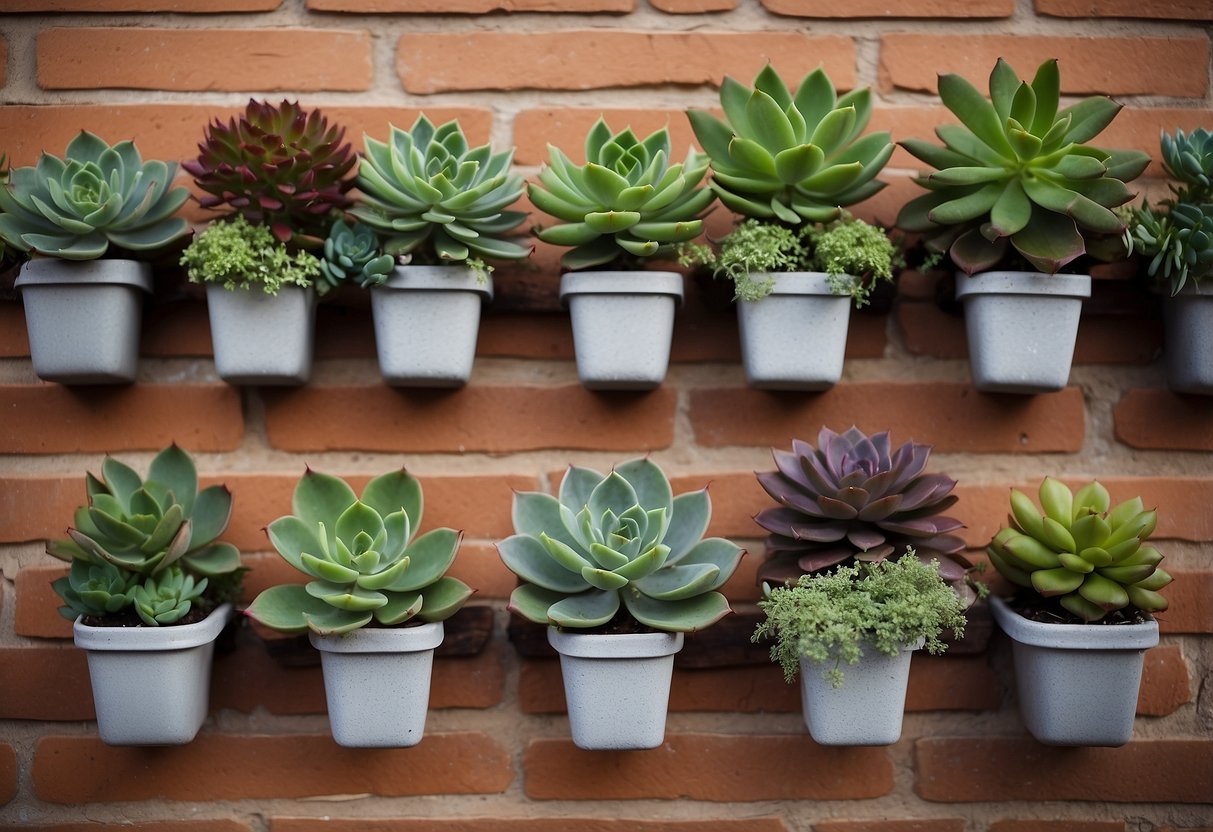 Succulent planters hang from a weathered brick wall in a lush garden setting