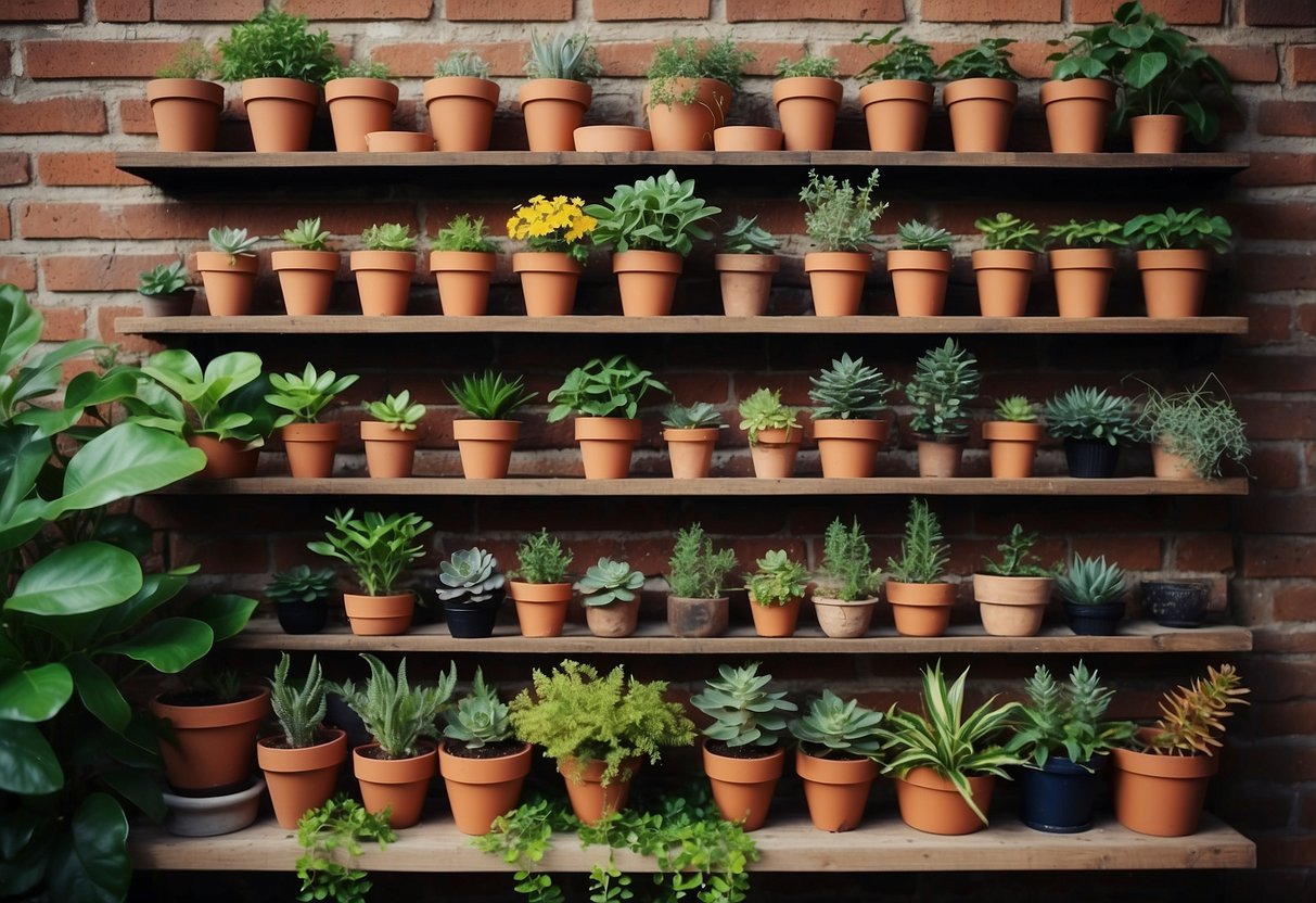 Brick wall adorned with upcycled shuttered shelves, showcasing a variety of potted plants and garden decor