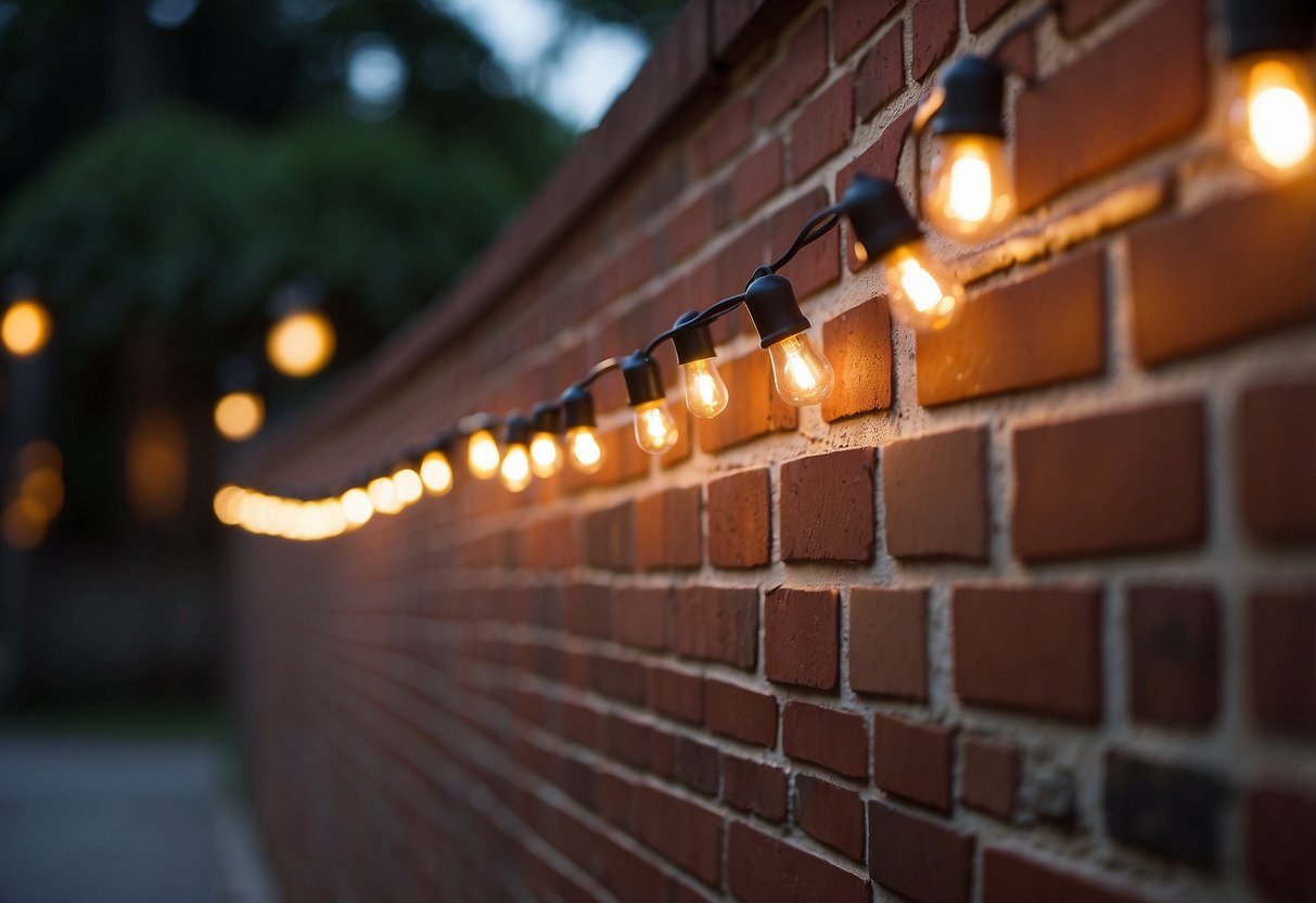 A brick wall adorned with outdoor string lights in a serene garden setting