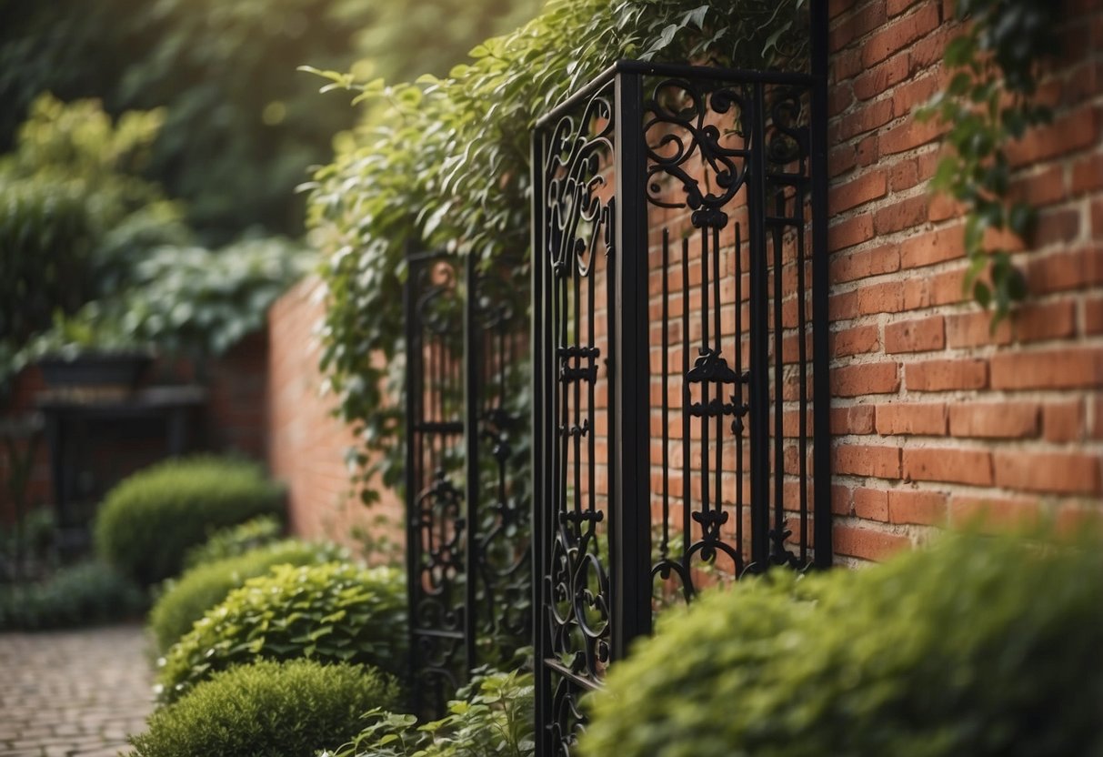 A brick wall with a wrought iron trellis in a lush garden setting