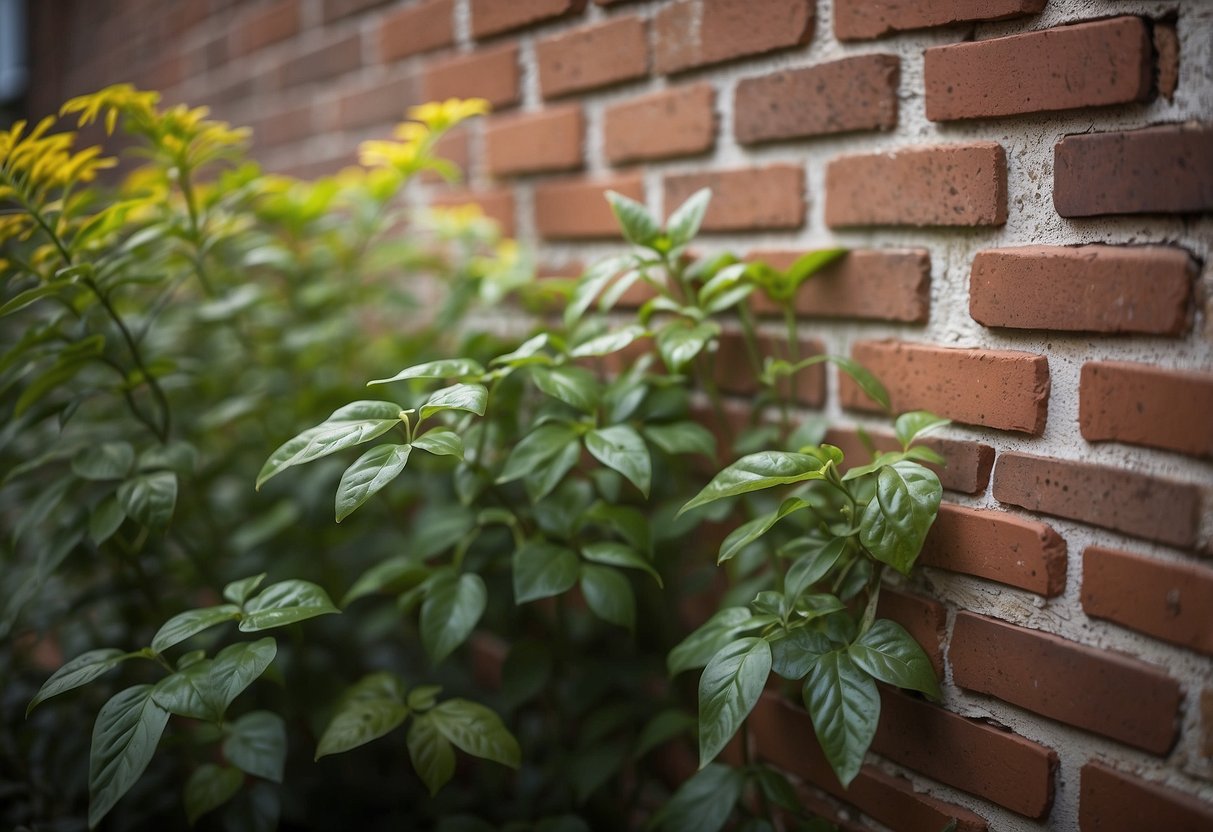 A brick wall with stenciled patterns stands as a backdrop in a lush garden, adding a touch of creativity and charm to the outdoor space