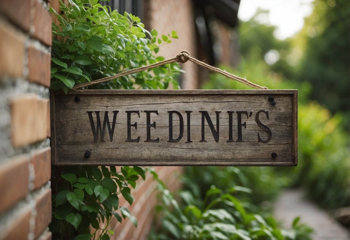 A weathered wooden sign hangs on a brick wall, surrounded by lush garden ideas