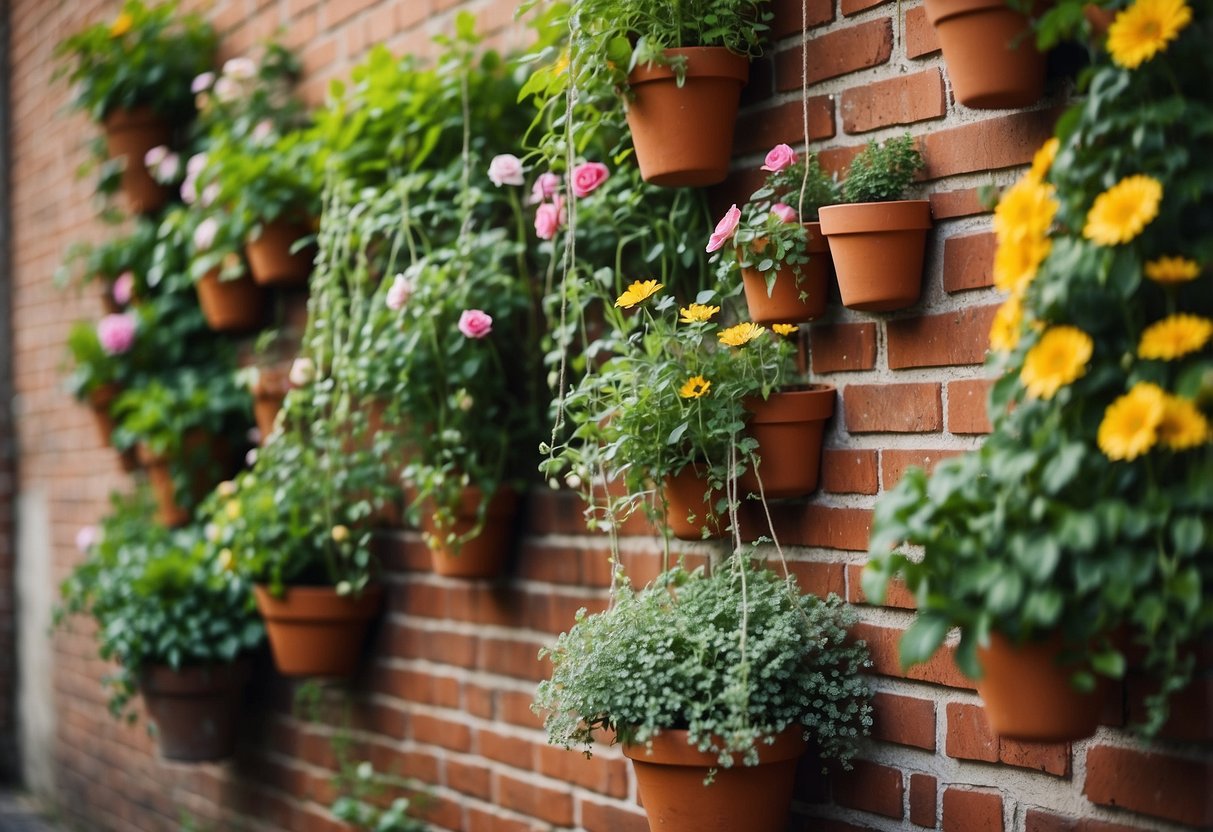 A brick wall garden with cascading vines, potted plants, and hanging baskets. A mixture of textures and colors creates a dynamic and visually appealing display