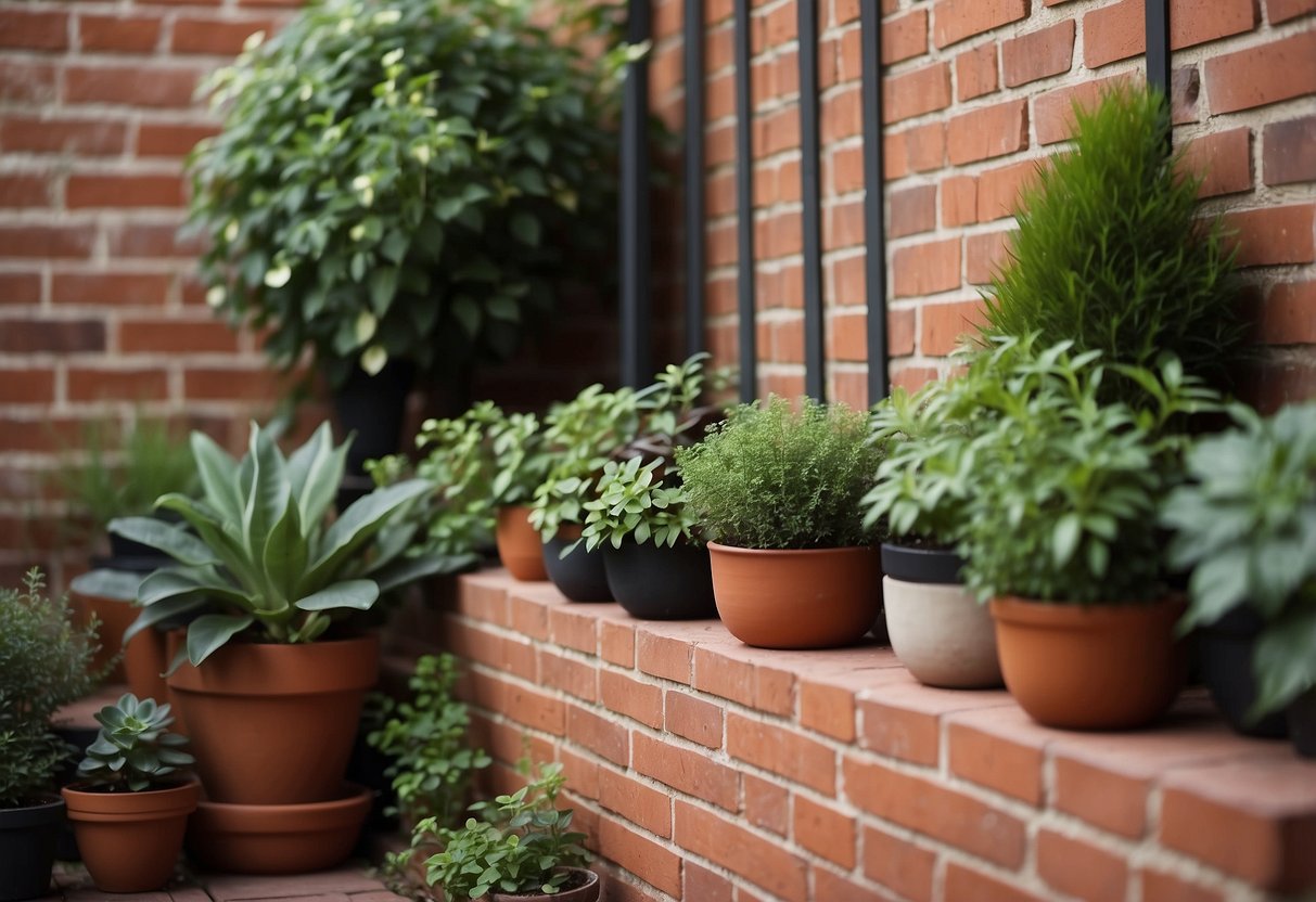 A brick wall garden with carefully selected plants placed in various pots and containers, creating a harmonious and visually appealing outdoor space