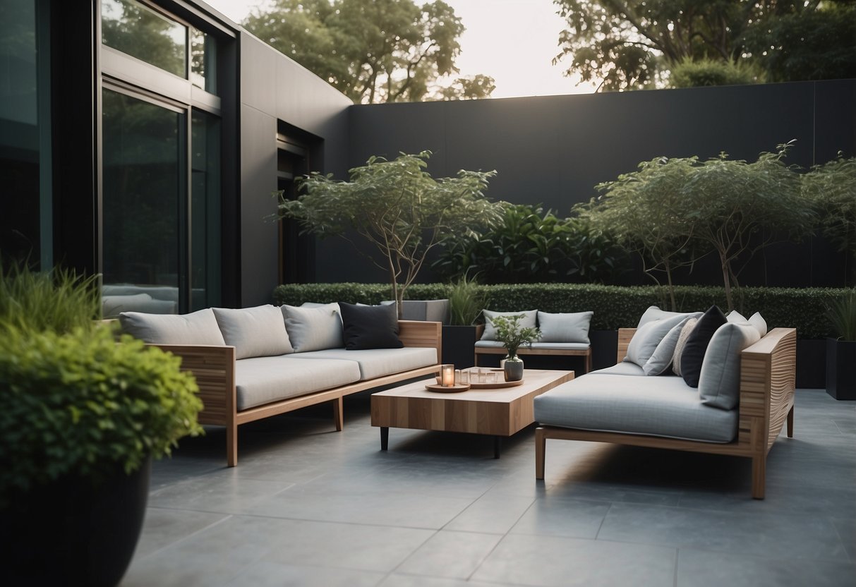 A sleek outdoor lounge with minimalist furniture, surrounded by lush greenery and modern landscaping