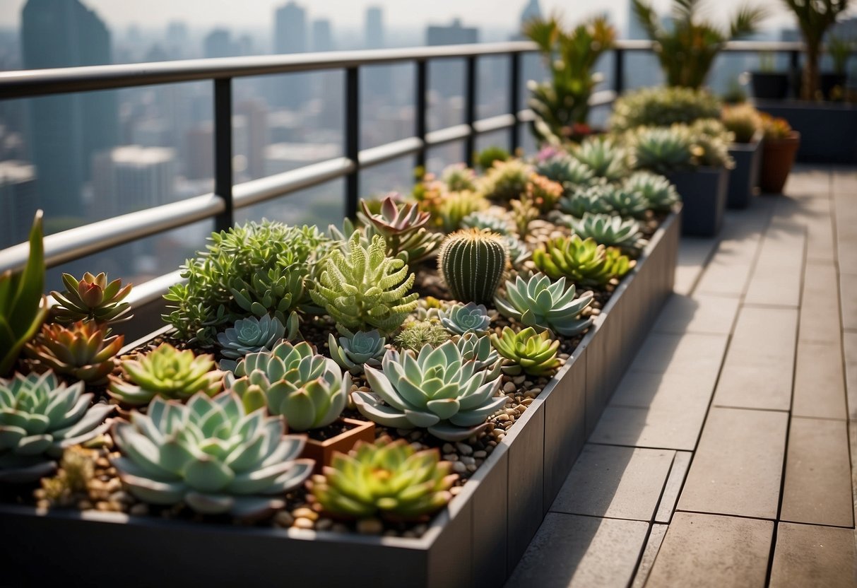 Lush succulent garden on a rooftop terrace, with various planters and seating areas, surrounded by city skyline