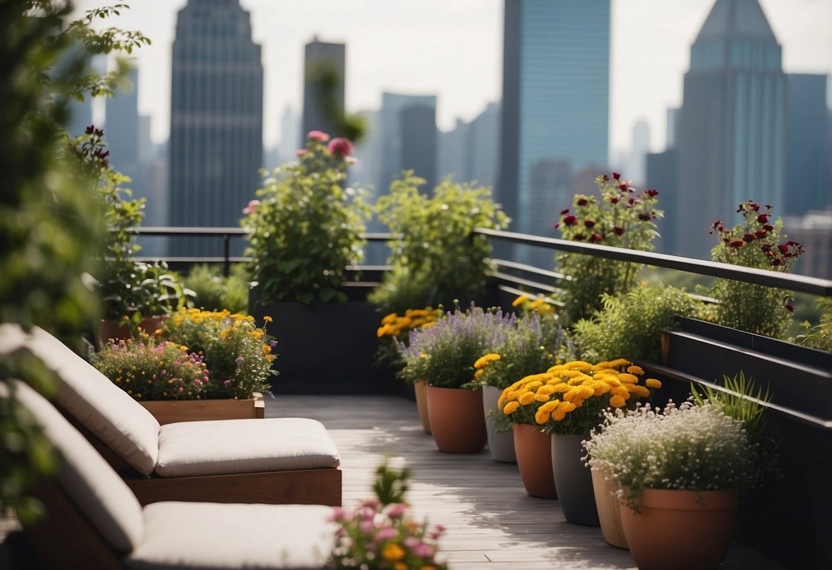 A rooftop garden with herb planters, surrounded by colorful flowers and greenery, with a cozy seating area and a view of the city skyline