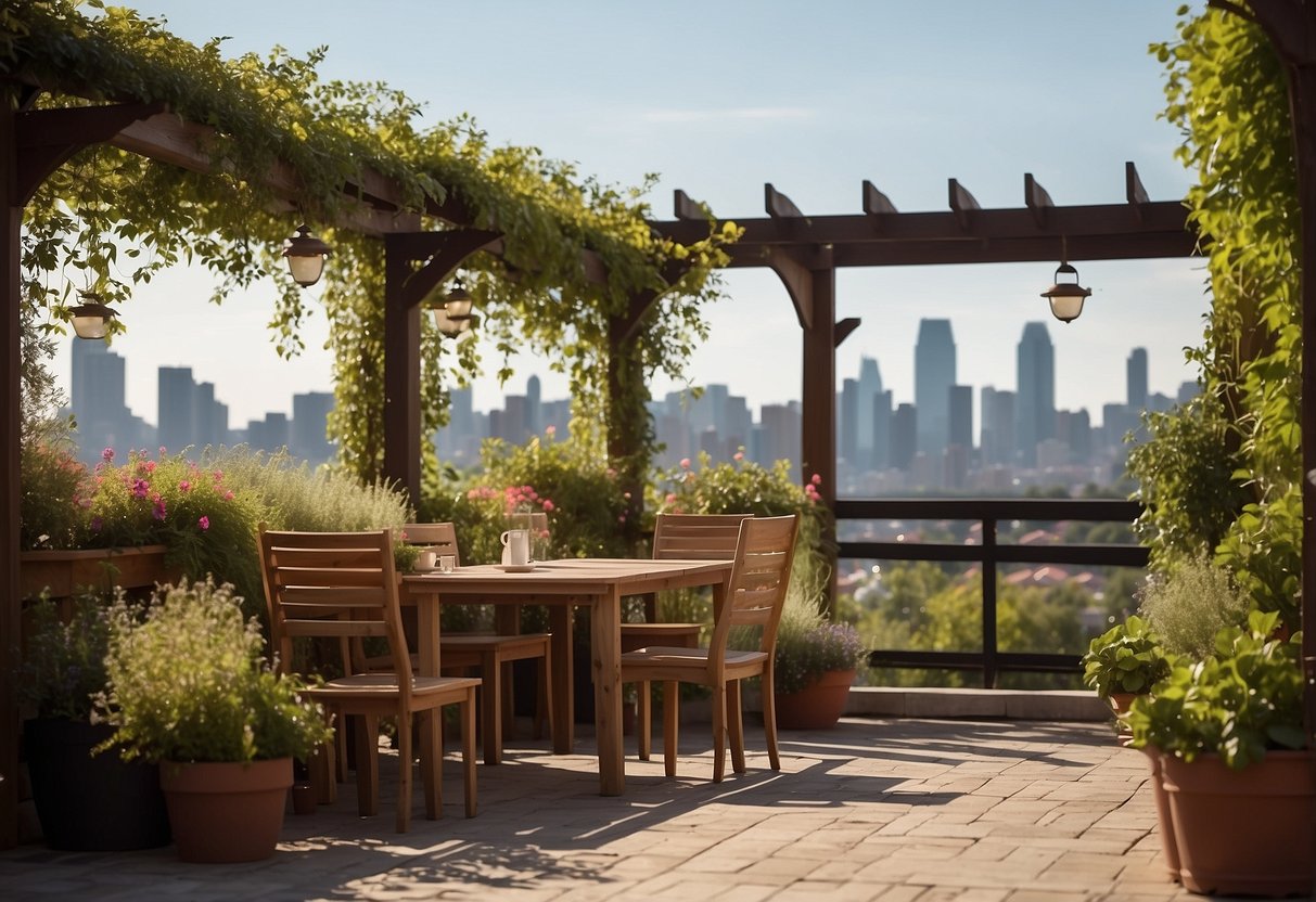 A wooden pergola with climbing plants, surrounded by potted flowers and herbs, overlooking a city skyline. A cozy seating area with a small table is set beneath the pergola