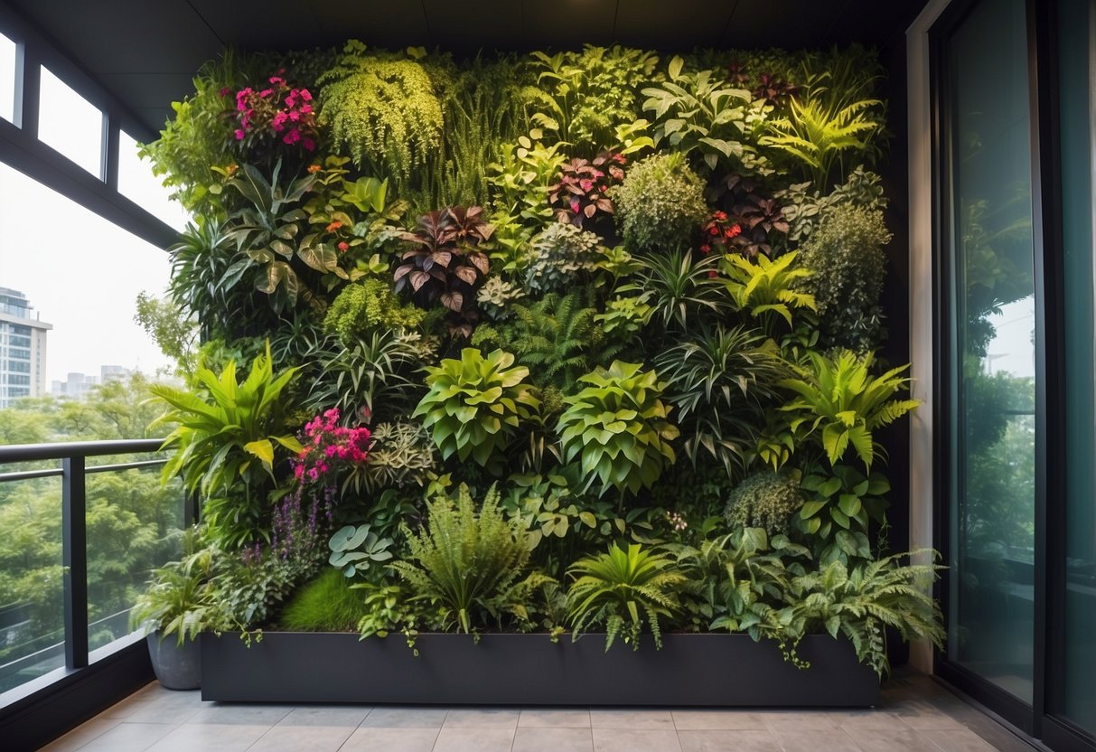 A lush vertical garden covers the wall of a rooftop terrace, with a variety of plants and flowers creating a vibrant and serene atmosphere