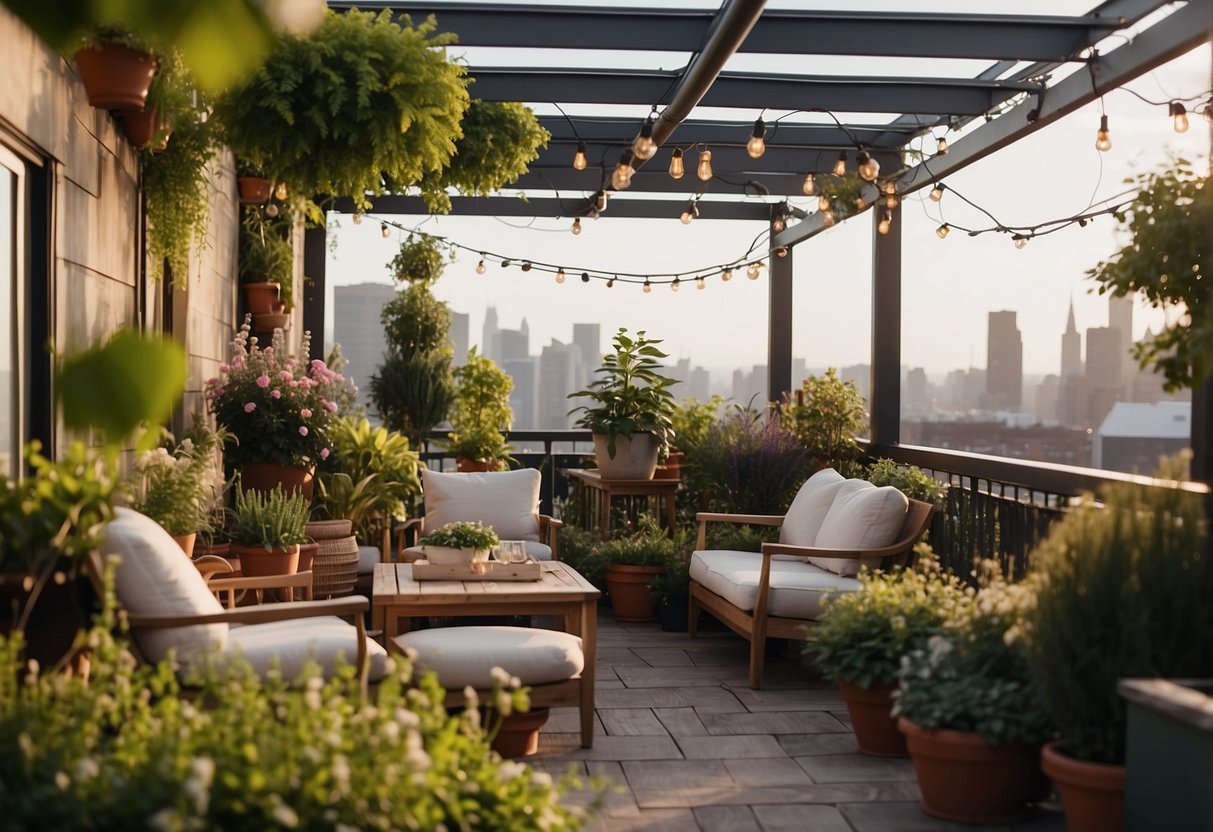 A lush rooftop garden with comfortable seating, surrounded by potted plants and blooming flowers, under a pergola with string lights