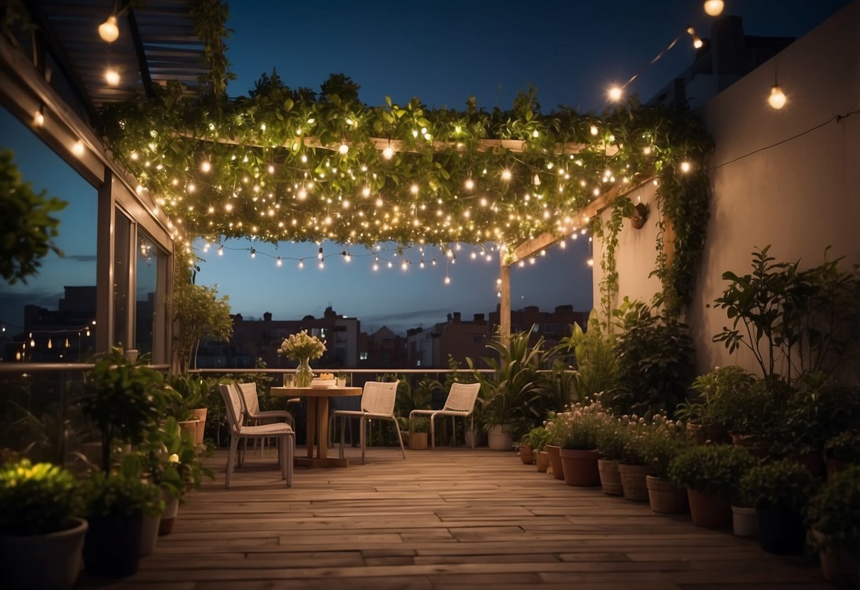 A lush garden on a rooftop, adorned with a canopy of twinkling fairy lights, creating a magical and enchanting atmosphere