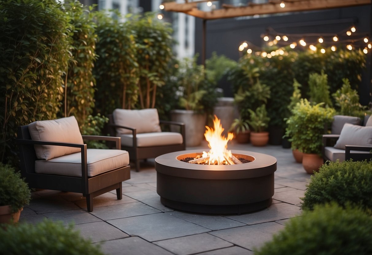 A cozy rooftop garden with a portable fire pit as the focal point. Lush greenery and comfortable seating create a relaxing atmosphere