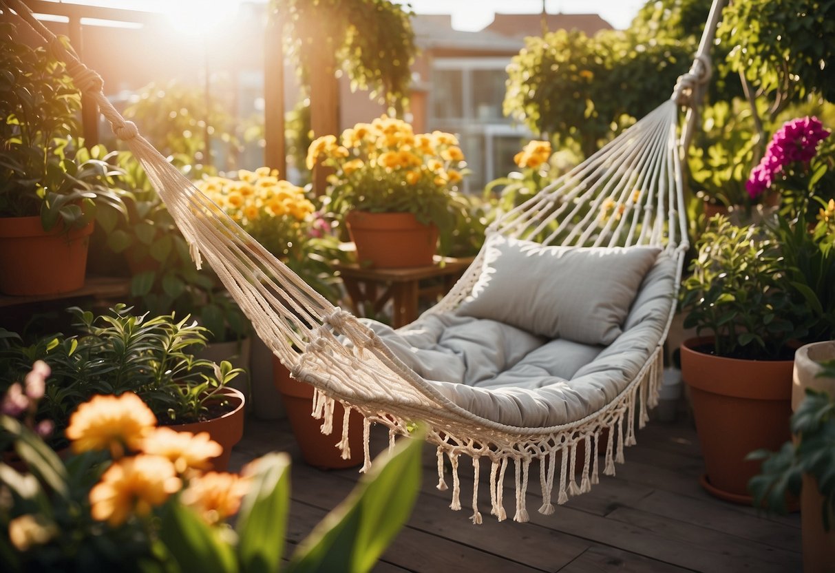 A cozy hammock hangs in a lush rooftop garden, surrounded by potted plants and colorful flowers. The sun shines down on the peaceful retreat