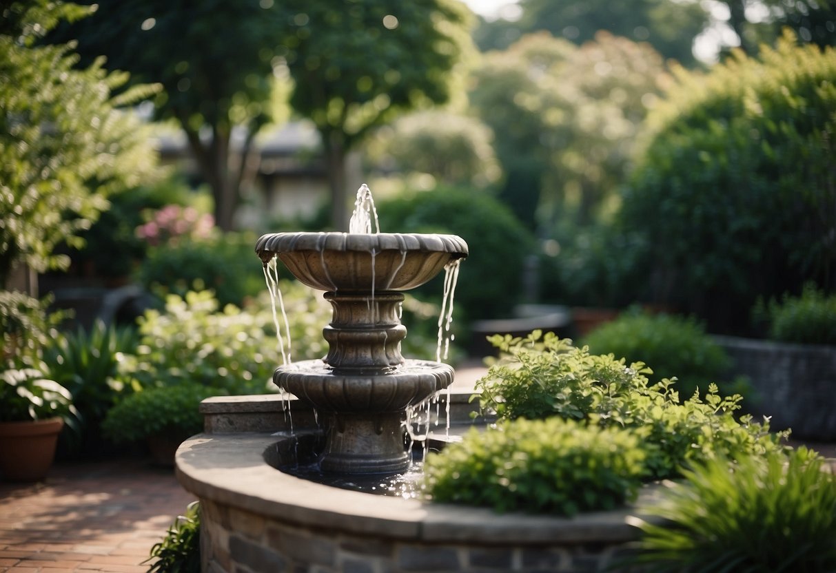 A water fountain flows in a lush rooftop garden, surrounded by greenery and carefully designed landscaping