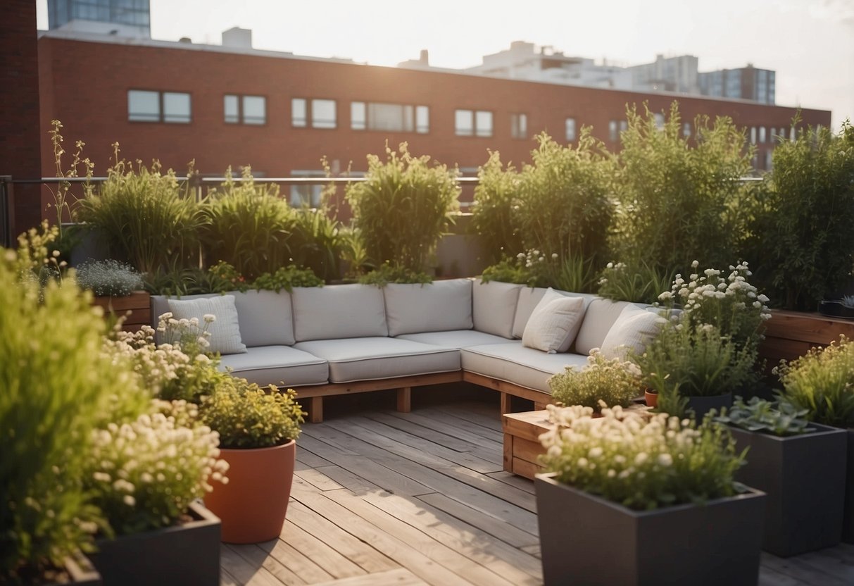 A rooftop garden with eco-friendly furniture and plants, creating a peaceful and sustainable outdoor space