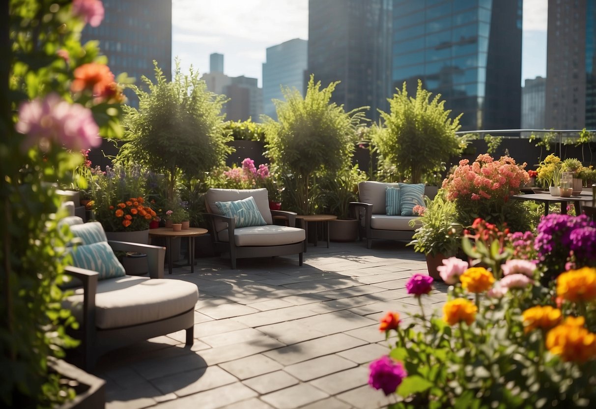 A vibrant rooftop garden with lush greenery, colorful flowers, and seating areas, providing a peaceful oasis in the midst of the city